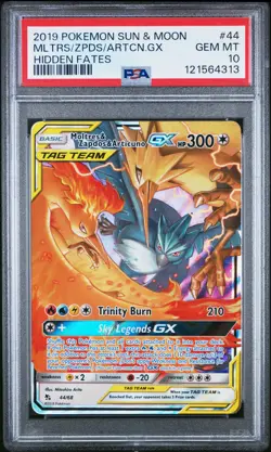 2019 POKEMON SUN & MOON HIDDEN FATES #44 MOLTRES & ZAPDOS & ARTICUNO GX PSA 10 - Image 1