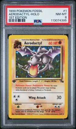 1999 POKEMON FOSSIL 1ST ED #1 AERODACTYL-HOLO PSA 8 - Image 1