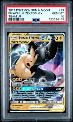 2019 POKEMON SUN & MOON TEAM UP #33 PIKACHU & ZEKROM GX PSA 10 - Image 1