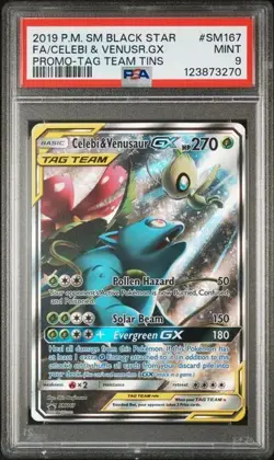 Celebi & Venusaur GX Tag Team 2019 Pokemon SM BLACK STAR PROMO #SM167 PSA 9 MINT - Image 1