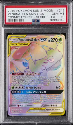 2019 POKEMON SUN & MOON COSMIC ECLIPSE #249 FULL ART/VENUSAUR & SNIVY GX PSA 10 - Image 1