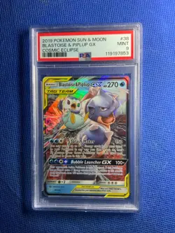 2019 Pokemon Sun & Moon Blastoise & Piplup GX PSA 9 Mint Cosmic Eclipse #38 - Image 1