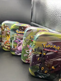 Full Set 8 EMPTY Pokemon PRISMATIC EVOLUTIONS Mini Tins & Eevee Coins (NO PACKS) - Image 3