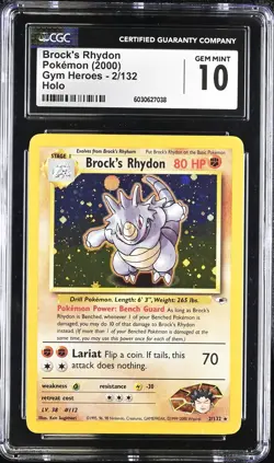 CGC 10 GEM MINT Brock's Rhydon 2000 Gym Heroes 2/132 Holo Pokemon Card - Image 1