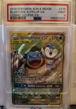2019 POKEMON SUN & MOON COSMIC ECLIPSE #215 FULL ART/BLASTOISE & PIPLUP GX PSA 9 - Image 1