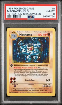 1999 Pokemon Base Set 1st Edition Shadowless Machamp Holo 8/102 PSA 8 - Image 1