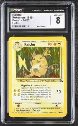 CGC 8 Raichu 1999 Fossil 14/62 Holo Pokemon Card - Image 1