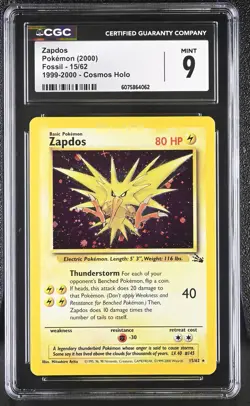 CGC 9 MINT Zapdos 2000 Fossil 15/62 1999-2000 Cosmos Holo Pokemon Card - Image 1