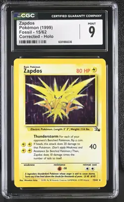 CGC 9 MINT Zapdos 1999 Fossil 15/62 Corrected Holo Pokemon Card - Image 1