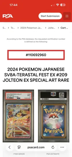 Pokemon Japanese Jolteon Ex 209/187 SAR Terastal Festival SV8a PSA 9 2024 - Image 2