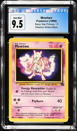 CGC 10 (old 9.5 Blue)Gem Mint 1999 Mewtwo Black Star Promo #3 WB Movie Stamped - Image 1