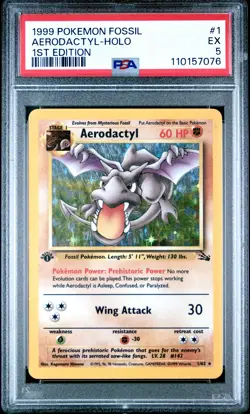 1999 POKEMON FOSSIL 1ST ED #1 AERODACTYL-HOLO PSA 5 - Image 1
