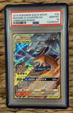 2019 Pokemon Sun & Moon Unbroken Bonds Reshiram & Charizard GX PSA10 w/Guard - Image 1