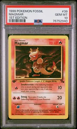 1999 POKEMON FOSSIL 1ST ED #39 MAGMAR PSA 10 - Image 1