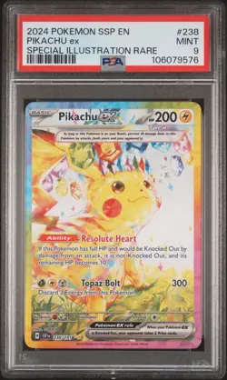 2024 POKEMON SSP EN-SURGING SPARKS SPECIAL ILLUSTRATION RARE PIKACHU EX PSA 9 - Image 1