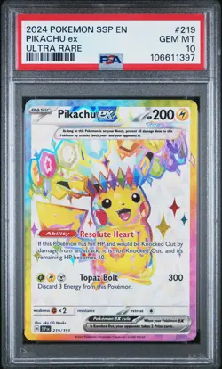 2024 POKEMON SSP EN-SURGING SPARKS ULTRA RARE #219 PIKACHU EX PSA 10 - Image 1