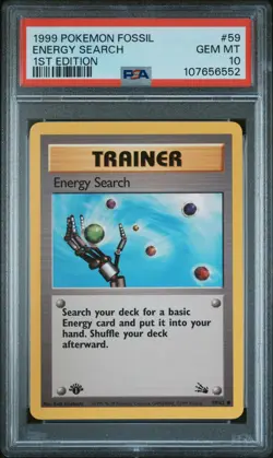 1999 POKEMON FOSSIL 1ST ED #59 ENERGY SEARCH PSA 10 - Image 1