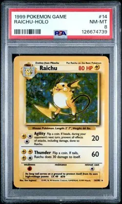 1999 Pokemon Game #14 Raichu-Holo Base Set PSA 8 NM-MT - Image 1