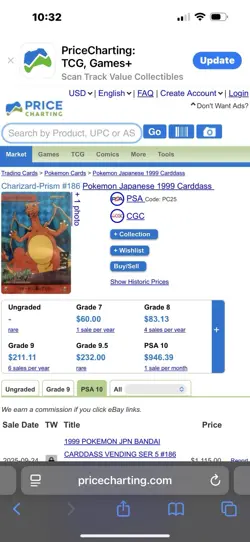 CGC 10 - CHARIZARD-PRISM 1999 POKEMON JPN BANDAI CARDDASS VENDING SERIES 5 #186 - Image 3