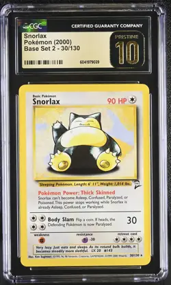 CGC 10 PRISTINE Snorlax 2000 Base Set 2 30/130 Pokemon Card - Image 1