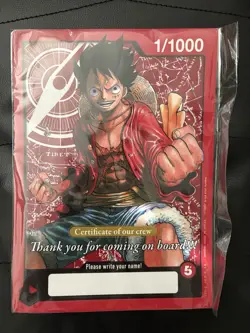 RARE One Piece Card Game - Certificate of Our Crew Oversized Luffy 1/1000 - Image 1
