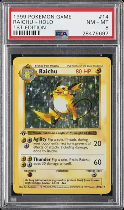 1999 POKEMON BASE SET 1ST EDITION #14 RAICHU-HOLO PSA 8 - Image 1