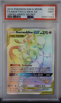 2019 Pokemon Unified Minds Mewtwo & Mew GX #242/236 PSA 9 - Rainbow Secret Rare - Image 1