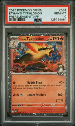 2025 POKEMON DRI EN-DESTINED RIVALS PRERELEASE-STAFF ETHAN'S TYPHLOSION PSA 10 - Image 1