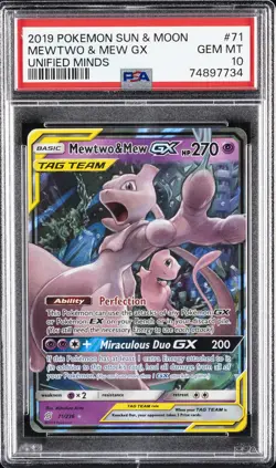 2019 POKEMON SUN & MOON UNIFIED MINDS #71 MEWTWO & MEW GX PSA 10 - Image 1