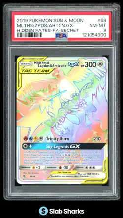 2019 POKEMON HIDDEN FATES 69/68 MOLTRES ZAPDOS ARTICUNO GX TAG TEAM FA SCR PSA 8 - Image 1