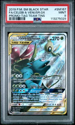 2019 POKEMON SM BLACK STAR PROMO #SM167 FULL ART/CELEBI & VENUSAUR GX PSA 9 - Image 1