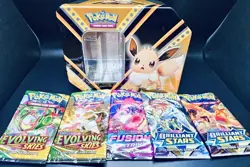 Pokemon TCG V Powers Eevee Tin Sealed Costco 2022 - Evolving Skies Included!! - Image 3