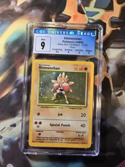 Hitmonchan 7/102 Base Set Unlimited Holo Pokemon Card CGC 9 MINT with Subgrades - Image 1