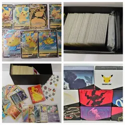 Pokemon Collection Huge ETB Lot Pikachu V/VMAX 275+ Cards + 25 Holo/Rare Sleeves - Image 1