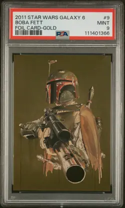 2011 TOPPS STAR WARS GALAXY SER 6 FOIL CARDS GOLD #9 BOBA FETT 566/600 PSA 9 - Image 1