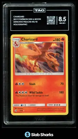 2019 POKEMON SUN & MOON DETECTIVE PIKACHU #5/18 CHARIZARD HOLOGRAPHIC TAG 8.5 - Image 1