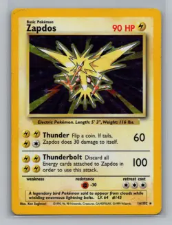 Pokemon WOTC Base Set Zapdos Holo Rare - LP #16/102 10024 - Image 1