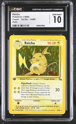 CGC 10 GEM MINT Raichu 1999 1st Edition 14/62 Holo Pokemon Card - Image 1