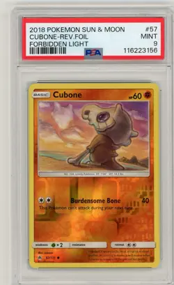 2018 Pokemon Sun & Moon Forbidden Light Cubone Reverse Holo #57 PSA 9 Mint - Image 1