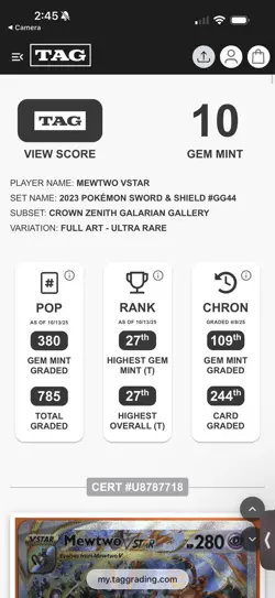 2023 POKEMON SWORD & SHIELD CROWN ZENITH #GG44 FULL ART/MEWTWO VSTAR TAG 10 27th - Image 3