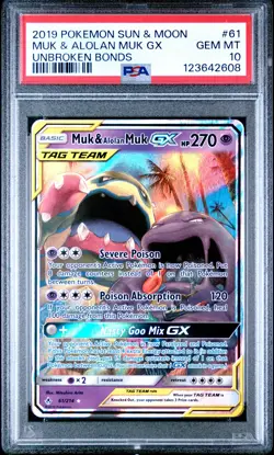 2019 POKEMON SUN & MOON UNBROKEN BONDS #61 MUK & ALOLAN MUK GX PSA 10 - Image 1