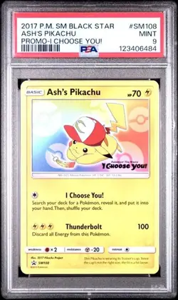 PSA 9 ASH'S PIKACHU SM108 BLACK STAR PROMO I CHOOSE YOU POKEMON MINT - Image 1