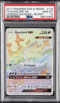 2017 POKEMON SUN & MOON CRIMSON INVASION SECRET #116 FULL ART/GUZZLORD GX PSA 10 - Image 1