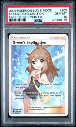 2019 POKEMON SUN & MOON UNBROKEN BONDS #209 FULL ART/GREEN'S EXPLORATION PSA 10 - Image 1