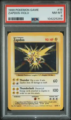 1999 POKEMON BASE SET UNLIMITED #16 ZAPDOS-HOLO PSA 8 - Image 1