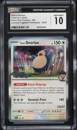2025 POKEMON SVP EN-SV BLACK STAR PROMO #184 HOP'S SNORLAX Staff CGC 10 - Image 1
