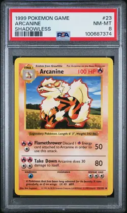 1999 POKEMON BASE SET SHADOWLESS #23 ARCANINE PSA 8 - Image 1