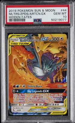 2019 POKEMON SUN & MOON HIDDEN FATES #44 MOLTRES & ZAPDOS & ARTICUNO GX PSA 10 - Image 1
