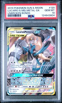 2019 POKEMON SUN & MOON UNBROKEN BONDS #120 LUCARIO & MELMETAL GX PSA 10 - Image 1