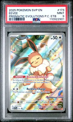 2025 POKEMON PRISMATIC EVOLUTIONS POKEMON CENTER ETB PROMO EN #173 EEVEE PSA 9 - Image 1
